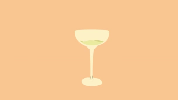ドライ マティーニ カクテル 緑のオリーブとマティーニグラスで古典的なドリンク バーの夏メニュー カラフルなアニメーションアルコール飲料 — ストック動画