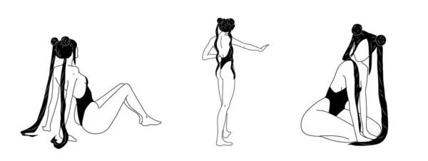 3人のアニメコスプレ アニメの髪の女の子のコスプレのセット ベクトル図 — ストックベクタ