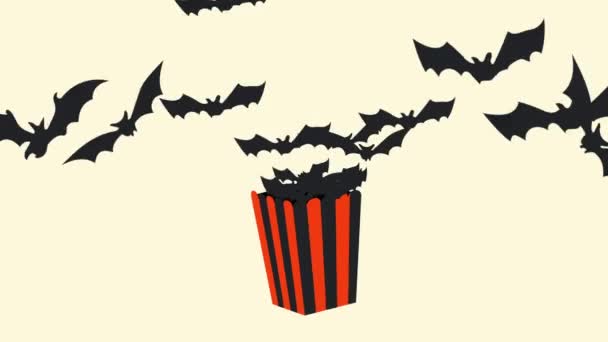 蝙蝠飞出的爆米花的例子 万圣节和恐怖电影图像 视频平面卡通动画设计元素 — 图库视频影像