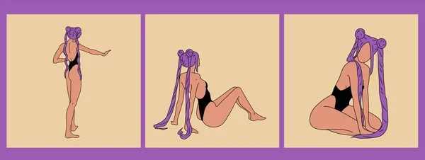 アニメコスプレ3種 アニメ紫色の髪の女の子コスプレのセット ベクターイラストデザイン — ストックベクタ