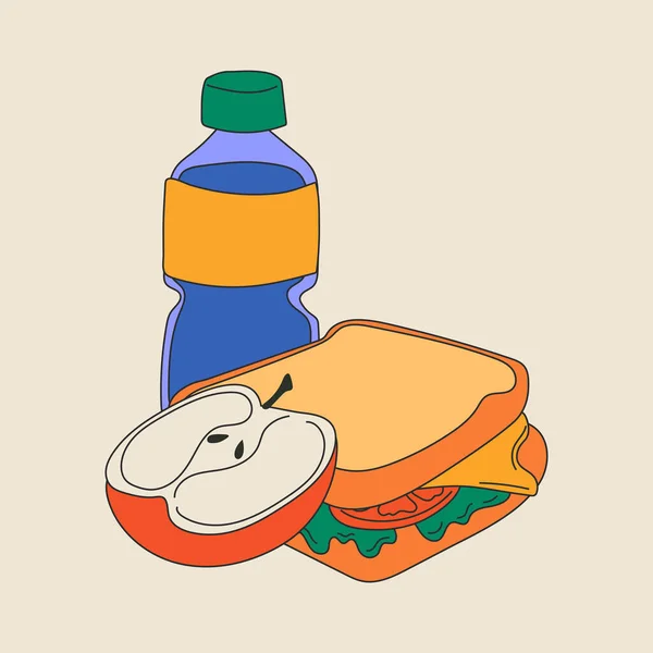 Boîte Lunch Scolaire Divers Aliments Sandwich Eau Pomme Illustration Vectorielle — Image vectorielle