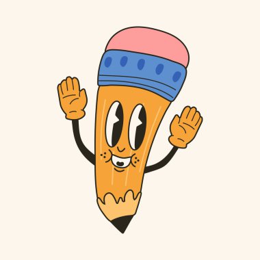 Okul eşyası olarak kalem 30 'ların maskot karakteri 40' lı, 50 'li, 60' lı yılların animasyon stili. Çizgi film neşeli okul maskotu