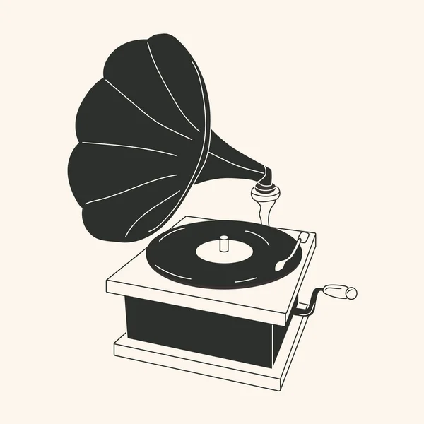 白黒漫画レトロ蓄音機のレコードプレーヤーの描画 ヴィンテージ音楽機器のかわいいベクトルイラスト — ストックベクタ