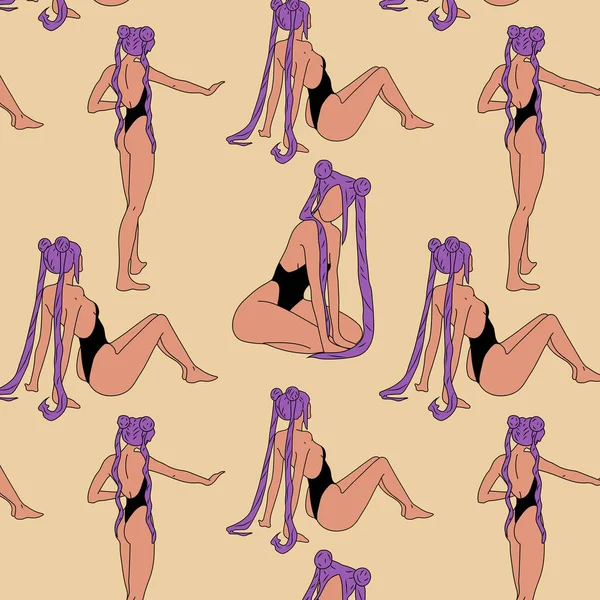 アニメコスプレでシームレスなパターン アニメ紫色の髪の女の子のコスプレ ベクターイラストデザイン — ストックベクタ