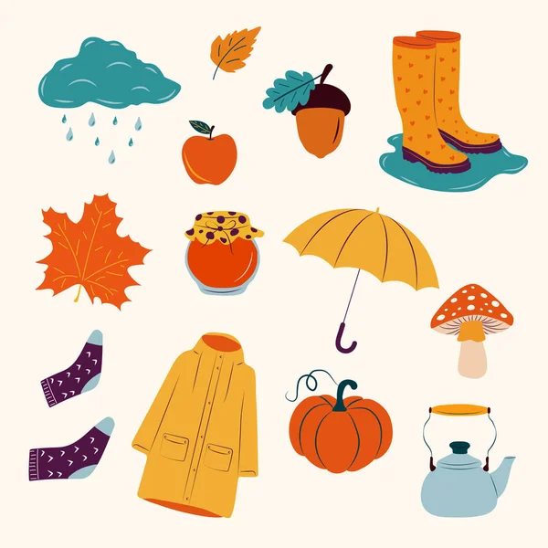 Autumn Illustration Stickers Homely Cute Things Vector Design Card Poster — Stock Vector
