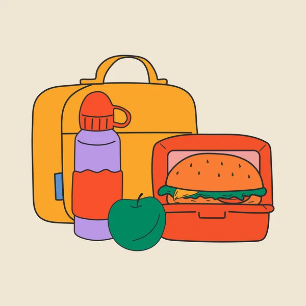 学校午餐盒 集装箱 各种食物 手绘矢量图解 分离的元素 设计模板 健康食品概念 — 图库矢量图片