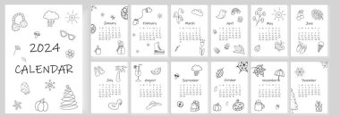 2024 takvim tasarımı. Doodle takvim planlayıcısı, asgari stil, yıllık düzenleyici. Vektör illüstrasyonu