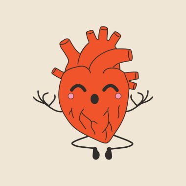 Şirin, komik kawaii insan kalbi organı, neşeli yüzlü, zihinsel sakin yogalı, meditasyon karakteri, huzur. Vektör illüstrasyon tasarımı