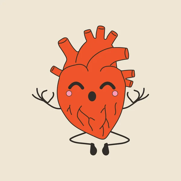 有趣的卡瓦人的心脏器官 用快乐的脸和心平气和的瑜伽来冥想人的性格 放松平静 矢量图解设计 — 图库矢量图片