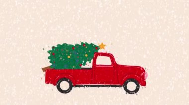Mutlu Noeller ve mutlu yıllar kartpostalları ya da Poster ya da Noel ağacıyla dolu kamyonet şablonu. Klasik stil. Video düz çizgi film animasyon tasarım elementi. 4K video görüntüleri, alfa çan