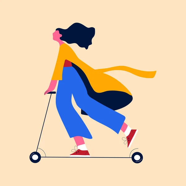 若い女性キャラクターは 現代の都市交通電動キックスクーターに乗る 平面ベクトル — ストックベクタ