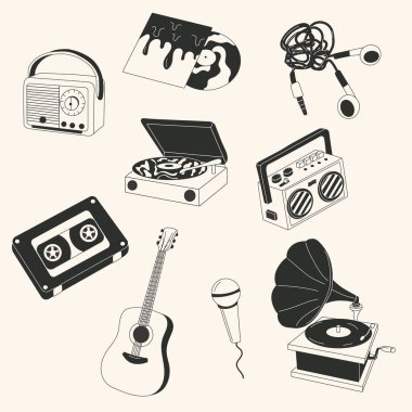 Siyah beyaz Retro müzik seti, izole edilmiş ikon. Vektör illüstrasyon tasarımı