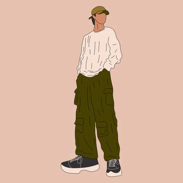 ストリートファッション男性ベクトルイラスト 流行の服の若い男軍事スタイル90年代2000年代の完全な成長ポーズ — ストックベクタ