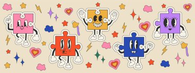 Sevimli mutlu komik bulmaca seti 30 'ların çizgi film maskot karakteri 40' lar, 50 'ler, 60' ların animasyon stili.