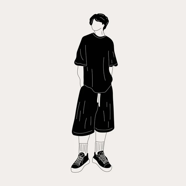 黒と白のストリートファッション男性ベクトルイラスト 流行の服の若い男軍事スタイル90年代2000年代の完全な成長ポーズ — ストックベクタ