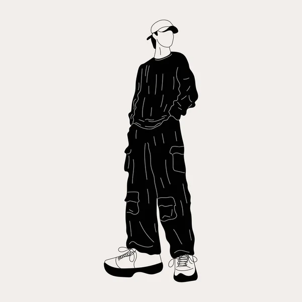 黑白街时尚男人的矢量插图 身着时髦服装的年轻人 90年代的军服 2000年代初完全成长的姿态 — 图库矢量图片