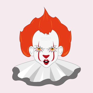 Pennywise palyaçosu Cadılar Bayramı kostümlü karakter çıkartması. Vektör illüstrasyonu.