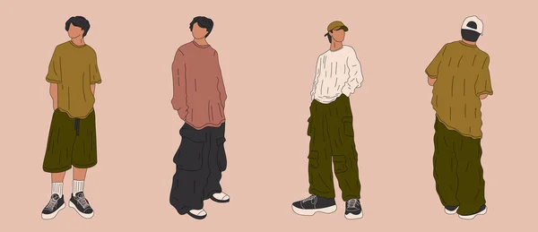 3ストリートファッション男性ベクトルイラストのセット 流行の服の若い男軍事スタイル90年代2000年代の完全な成長ポーズ — ストックベクタ