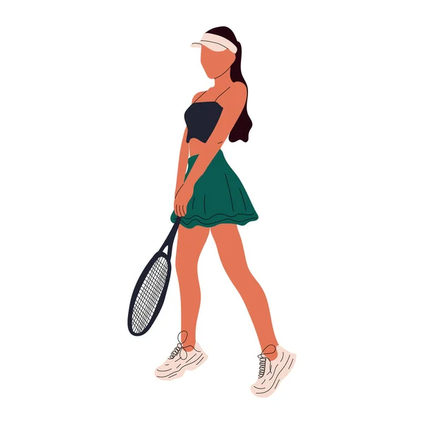 カラフルなスポーツウーマンの大きなテニス選手 プロスポーツ女性はラケットを保持し 白に隔離されたボールを打つ 女の子キャラクターで流行のスポーツウェア — ストックベクタ