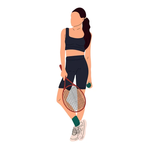 カラフルなスポーツウーマンの大きなテニス選手 プロスポーツ女性はラケットを保持し 白に隔離されたボールを打つ 女の子キャラクターで流行のスポーツウェア — ストックベクタ