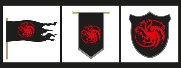Conjunto Tres Emblemas Ilustración Dragón Tres Cabezas Arte Mascota Dragón — Vector de stock