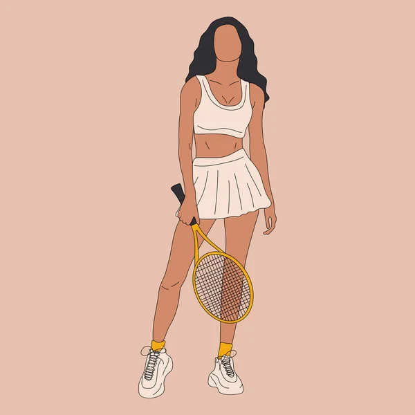 カラフルなスポーツウーマンの大きなテニス選手 プロスポーツ女性はラケットを保持し ボールを打つ 女の子キャラクターで流行のスポーツウェア — ストックベクタ