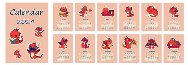 2024 Calendar Red Dragons Design Calendar Planner Minimal Style Annual — Stock Vector