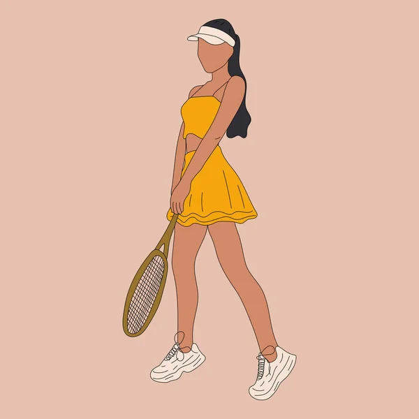 カラフルなスポーツウーマンの大きなテニス選手 プロスポーツ女性はラケットを保持し ボールを打つ 女の子キャラクターで流行のスポーツウェア — ストックベクタ