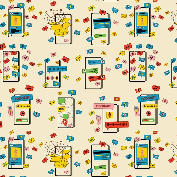 Naadloos Patroon Met Smartphones Met Verschillende Afbeeldingen Communicatie Sociaal Netwerkconcept — Stockvector