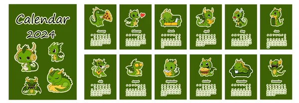 2024 Calendar Green Dragons Design Calendar Planner Minimal Style Annual — Stock Vector