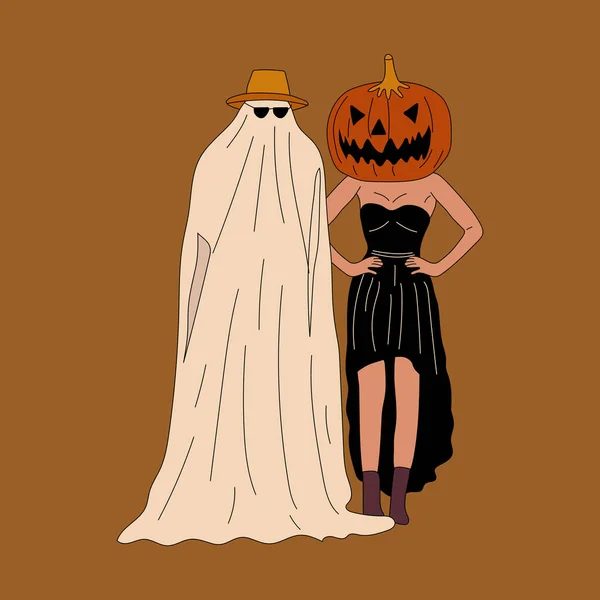 Pareja Disfraz Halloween Fantasma Diseño Plano Estilo Vector Ilustración — Vector de stock
