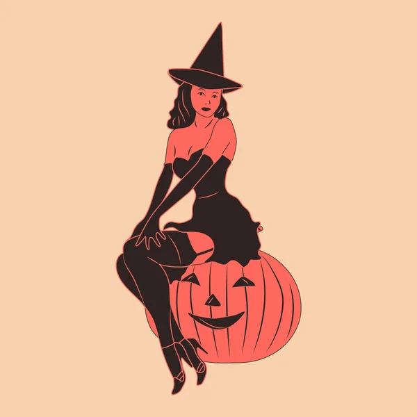 Hexe Nette Damen Pin Retro Stil Kostümkonzept Für Halloween Handgezeichnete — Stockvektor