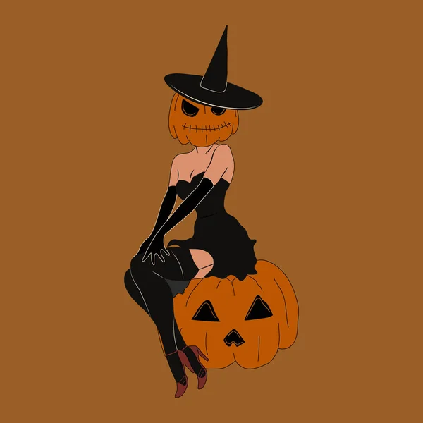 Čarodějnice Halloweenském Kostýmu Dýně Roztomilé Dámy Pin Retro Styl Halloween — Stockový vektor
