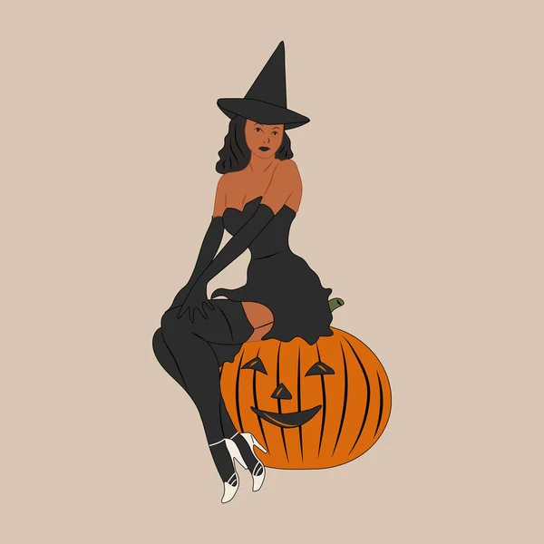 Heks Leuke Dames Pin Retro Stijl Halloween Kostuum Concept Handgetekende — Stockvector