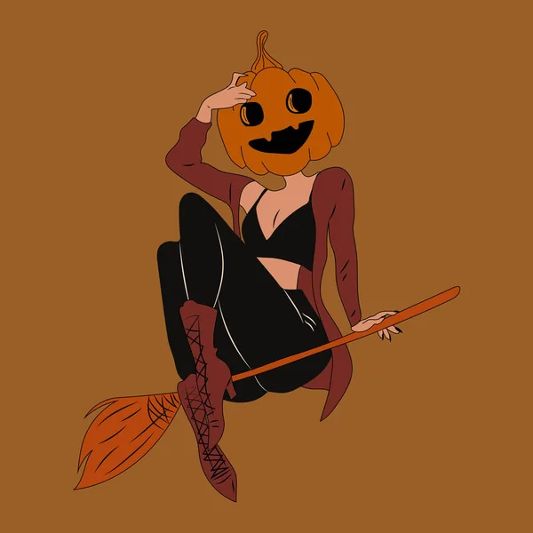 Witch Halloween Costume Pumpkin Cute Ladies Pin Retro Style Halloween — Stock Vector