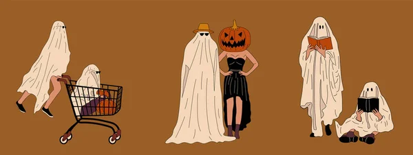 Paar Halloween Kostüm Gespenst Flache Design Stil Vektor Illustration — Stockvektor