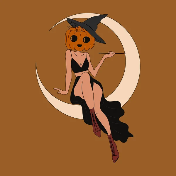 Strega Costume Halloween Zucca Belle Ragazze Pin Stile Retrò Concetto — Vettoriale Stock
