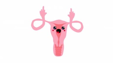 Komik kawaii maskot organı karakteri kadın üreme sistemi rahim ağzı yumurtalıkları ve fallop tüpleri anatomi biyoloji biyolojisi sağlık hizmetleri orta parmak gösteriyor. 4K video görüntüleri, alfa kanal transferi