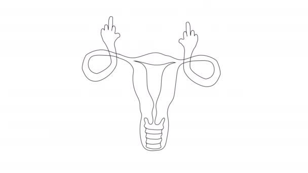 ラインアートおかしなマスコットオルガンキャラクター女性の生殖システム子宮セルビオックス卵巣と卵管解剖生物学医学医療は中指を示しています 4Kビデオ映像について — ストック動画