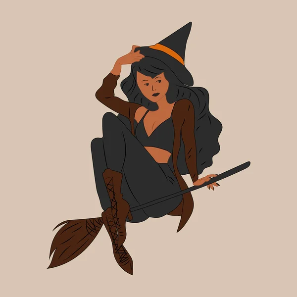 Witch Cute Ladies Pin Retro Style Halloween Costume Concept Hand — Stock Vector
