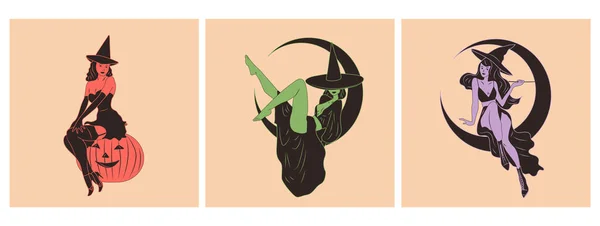 三个女巫的集合 可爱的女士们 复古风格 万圣节服装的概念 手绘现代矢量图解 贴纸模板 — 图库矢量图片