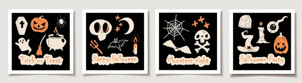 Set Halloween Cards Set Four Halloween Traditional Doodle Icons Greeting — Stock Vector