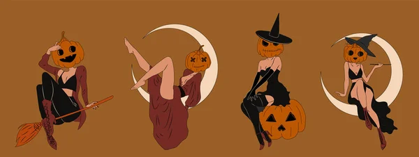 Conjunto Quatro Bruxas Disfarçadas Halloween Abóbora Senhoras Giras Pin Estilo — Vetor de Stock