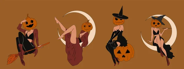 Cadılar Bayramı Kostümlü Dört Cadı Balkabağım Şirin Bayanlar Pin Retro Telifsiz Stok Illüstrasyonlar
