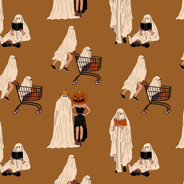 Nahtloses Muster Mit Paaren Halloween Kostüm Gespenst Flache Design Stil — Stockvektor