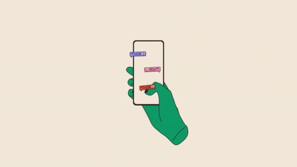 Κινούμενο Χέρι Κρατώντας Τηλέφωνο Σύντομα Μηνύματα Εικονίδια Και Emoticons Συνομιλώ — Αρχείο Βίντεο
