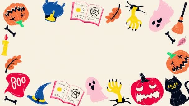 Fundo Dia Das Bruxas Conjunto Elementos Halloween Fantasma Abóbora Gato — Vídeo de Stock