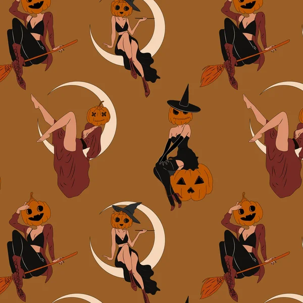 Patrón Sin Costuras Con Brujas Disfrazadas Halloween Calabaza Lindas Damas — Vector de stock