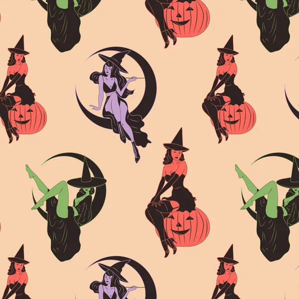 Bezproblémový Vzorec Čarodějnicí Roztomilé Dámy Pin Retro Styl Halloween Kostým — Stockový vektor