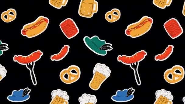 Oktoberfest Loop Background Objetos Iconos Del Oktoberfest Cerveza Sombrero Carne — Vídeo de stock